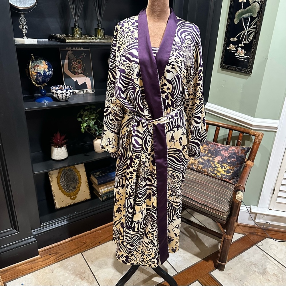 Natori Slip & Robe Set – Size L – Purple Animal Print with Adjustable Tie